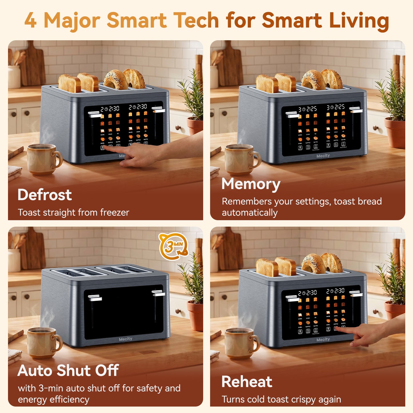 Mecity 4 Slice Touchscreen Toaster, Stainless Steel Wide Slot Toaster with Dual Independent Controls, 6 Bread Presets & 6 Sh