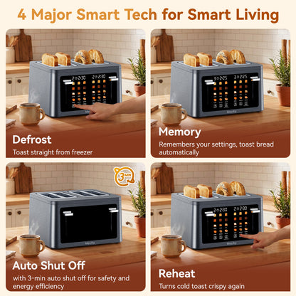 Mecity 4 Slice Touchscreen Toaster, Stainless Steel Wide Slot Toaster with Dual Independent Controls, 6 Bread Presets & 6 Sh