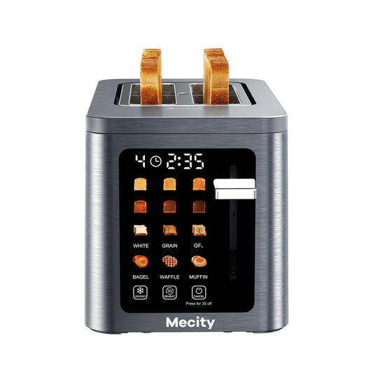 Mecity 2 Slice Smart Touchscreen Toaster, Stainless Steel Wide Slot Toaster with Auto Lift& Shut Off, Memory Function, Digital Bread Toaster for Bagels, 850W