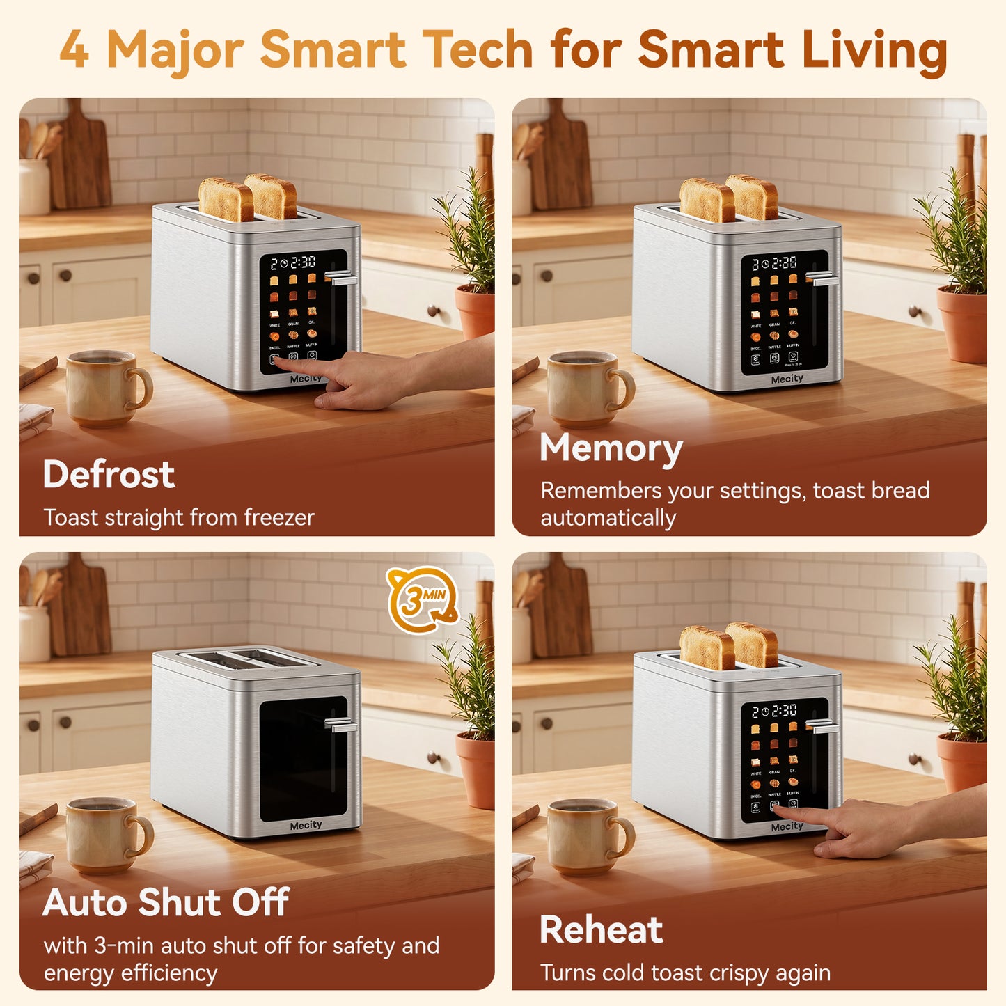 Mecity 2 Slice Smart Touchscreen Toaster, Stainless Steel Wide Slot Toaster with Auto Lift& Shut Off, Memory Function, Digital Bread Toaster for Bagels, 850W