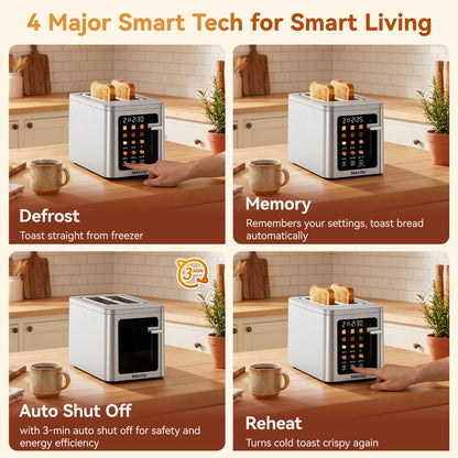Mecity 2 Slice Smart Touchscreen Toaster, Stainless Steel Wide Slot Toaster with Auto Lift& Shut Off, Memory Function, Digital Bread Toaster for Bagels, 850W