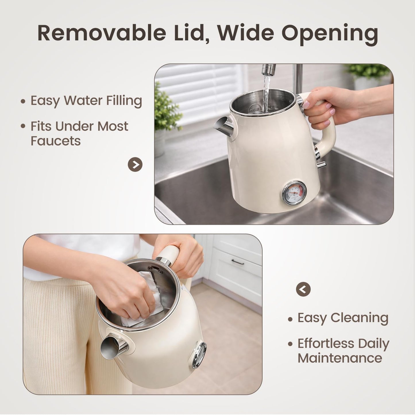 Mecity Retro Electric Kettle, 1.7L Hot Water Boiler with Thermometer, Stainless Steel Interior, 1500W Fast Boil Tea Kettle, Double Wall Cool Touch, Wide Mouth, Cream