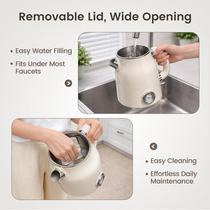 Mecity Retro Electric Kettle, 1.7L Hot Water Boiler with Thermometer, Stainless Steel Interior, 1500W Fast Boil Tea Kettle, Double Wall Cool Touch, Wide Mouth, Cream