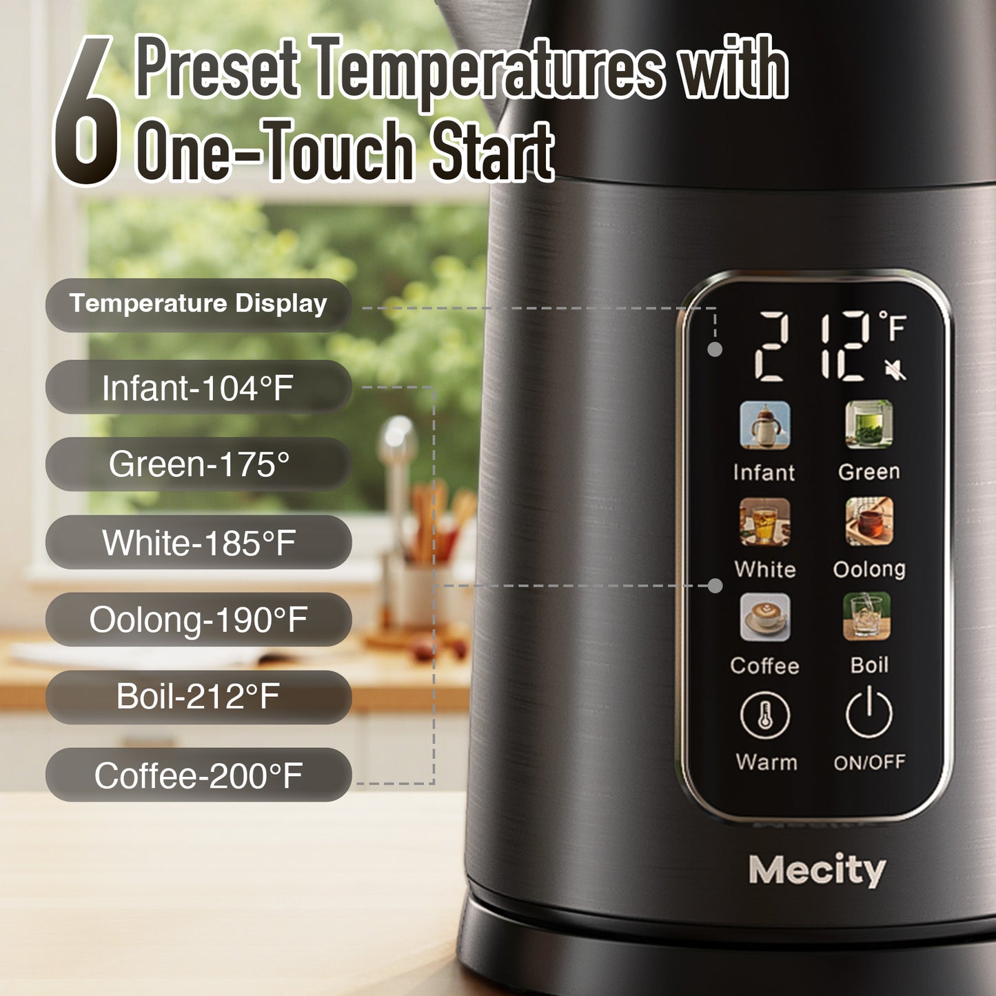 Mecity Electric Kettle 1.7L Touch Screen Temperature Control Water Boiler, No Plastic Contact with Water. 6 Preset Temperature Programs, 2 Hours Keep Warm, Auto Shut Off, Dark Grey