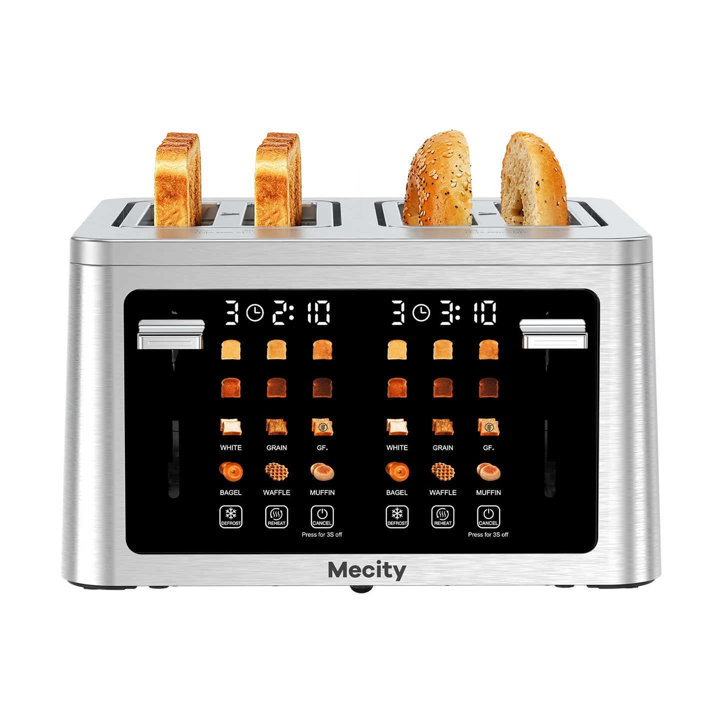 Mecity 4 Slice Touchscreen Toaster, Stainless Steel Wide Slot Toaster with Dual Independent Controls, 6 Bread Presets & 6 Shade Settings, Countdown Timer, Memory Function, Defrost, 1700W