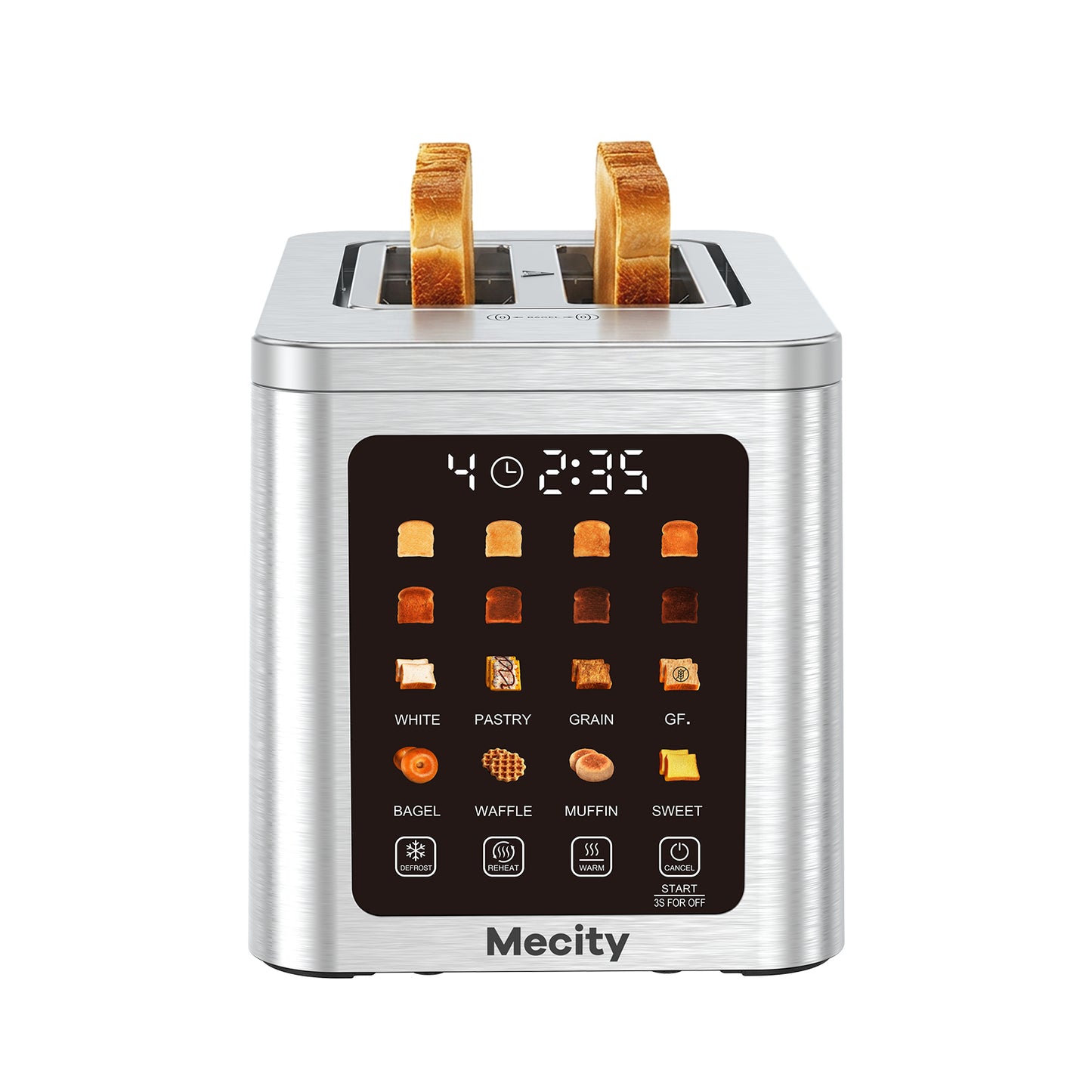 Mecity 2 Slice Smart Touchscreen Toaster, Stainless Steel Wide Slot Toaster with Auto Lift&30-Minute Warm, Memory Function, Digital Bread Toaster for Bagels, 850W