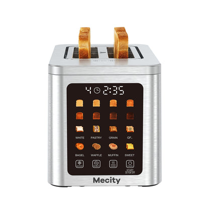 Mecity 2 Slice Smart Touchscreen Toaster, Stainless Steel Wide Slot Toaster with Auto Lift&30-Minute Warm, Memory Function, Digital Bread Toaster for Bagels, 850W