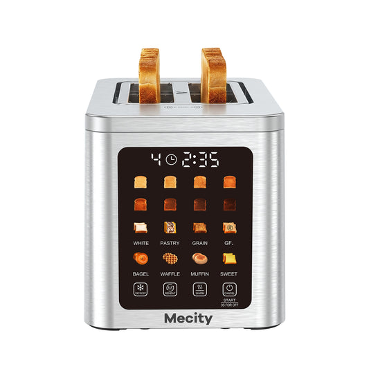 Mecity 2 Slice Smart Touchscreen Toaster, Stainless Steel Wide Slot Toaster with Auto Lift&30-Minute Warm, Memory Function, Digital Bread Toaster for Bagels, 850W