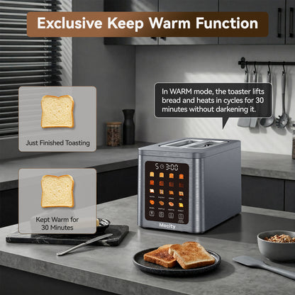 Mecity 2 Slice Smart Touchscreen Toaster, Stainless Steel Wide Slot Toaster with Auto Lift&30-Minute Warm, Memory Function, Digital Bread Toaster for Bagels, 850W