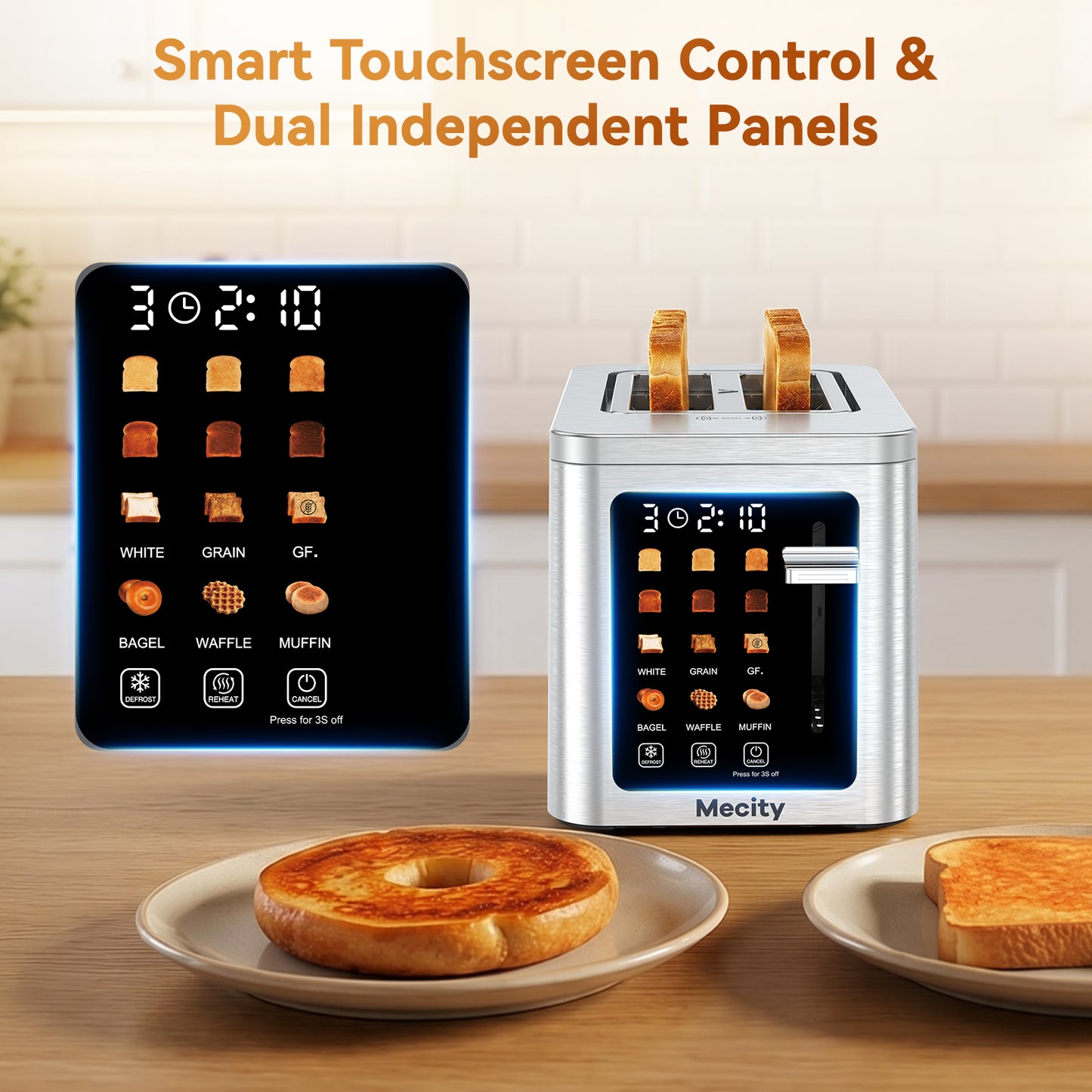 Mecity 2 Slice Smart Touchscreen Toaster, Stainless Steel Wide Slot Toaster with Auto Lift& Shut Off, Memory Function, Digital Bread Toaster for Bagels, 850W