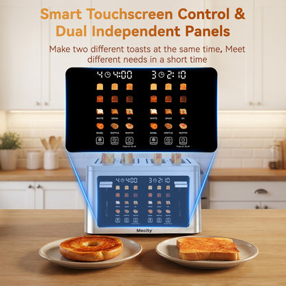 Mecity 4 Slice Touchscreen Toaster, Stainless Steel Wide Slot Toaster with Dual Independent Controls, 6 Bread Presets & 6 Shade Settings, Countdown Timer, Memory Function, Defrost, 1700W