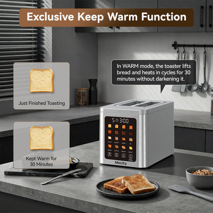 Mecity 2 Slice Smart Touchscreen Toaster, Stainless Steel Wide Slot Toaster with Auto Lift&30-Minute Warm, Memory Function, Digital Bread Toaster for Bagels, 850W