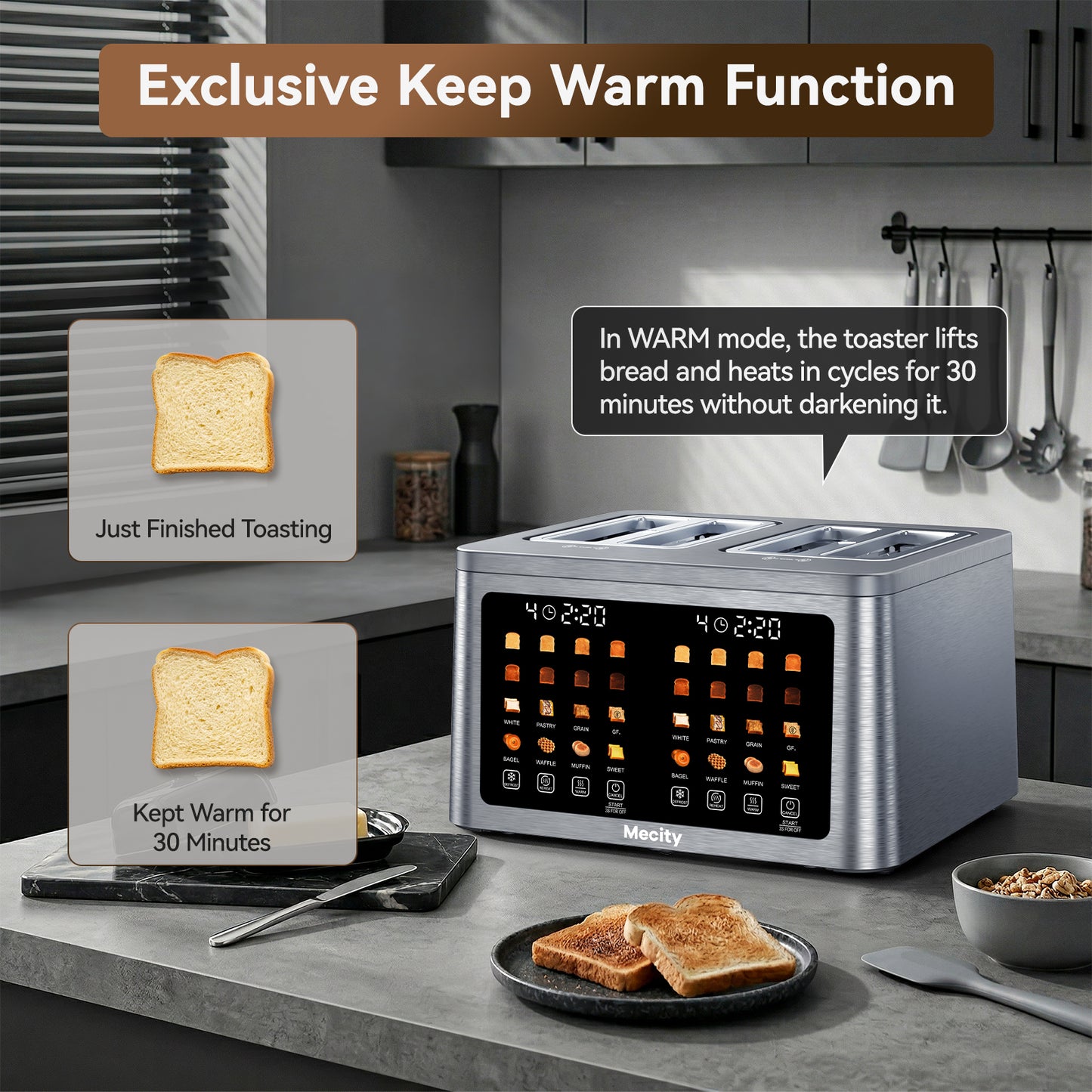 Mecity 4 Slice Smart Touchscreen Toaster with Auto Lift, Stainless Steel Wide Slot Bagel Toaster, 8 Bread Presets & 8 Shade Settings, 30-Minute Keep Warm Function, Memory Function