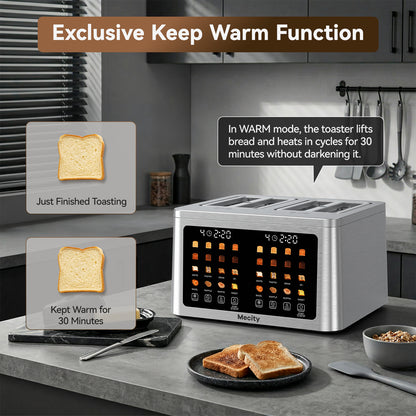Mecity 4 Slice Smart Touchscreen Toaster with Auto Lift, Stainless Steel Wide Slot Bagel Toaster, 8 Bread Presets & 8 Shade Settings, 30-Minute Keep Warm Function, Memory Function