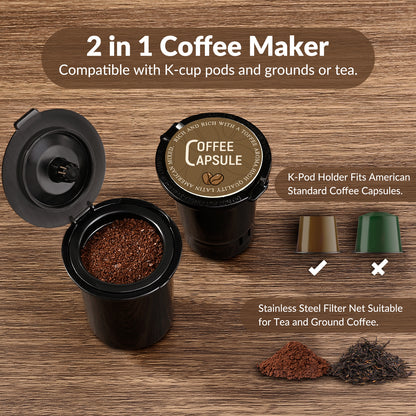 Mecity Mini Coffee Maker - Single Serve, Instant Brewing for K-Cup Coffee Capsules, Ground Coffee & Loose Tea. 6 to 12 Oz Brew Sizes, Capsule Coffee Machine with Water Window and Descaling Mode -Black