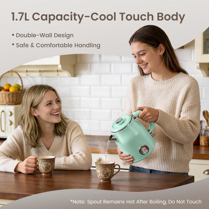 Mecity Retro Electric Kettle, 1.7L Hot Water Boiler with Thermometer, Stainless Steel Interior, 1500W Fast Boil Tea Kettle, Double Wall Cool Touch, Wide Mouth, Green