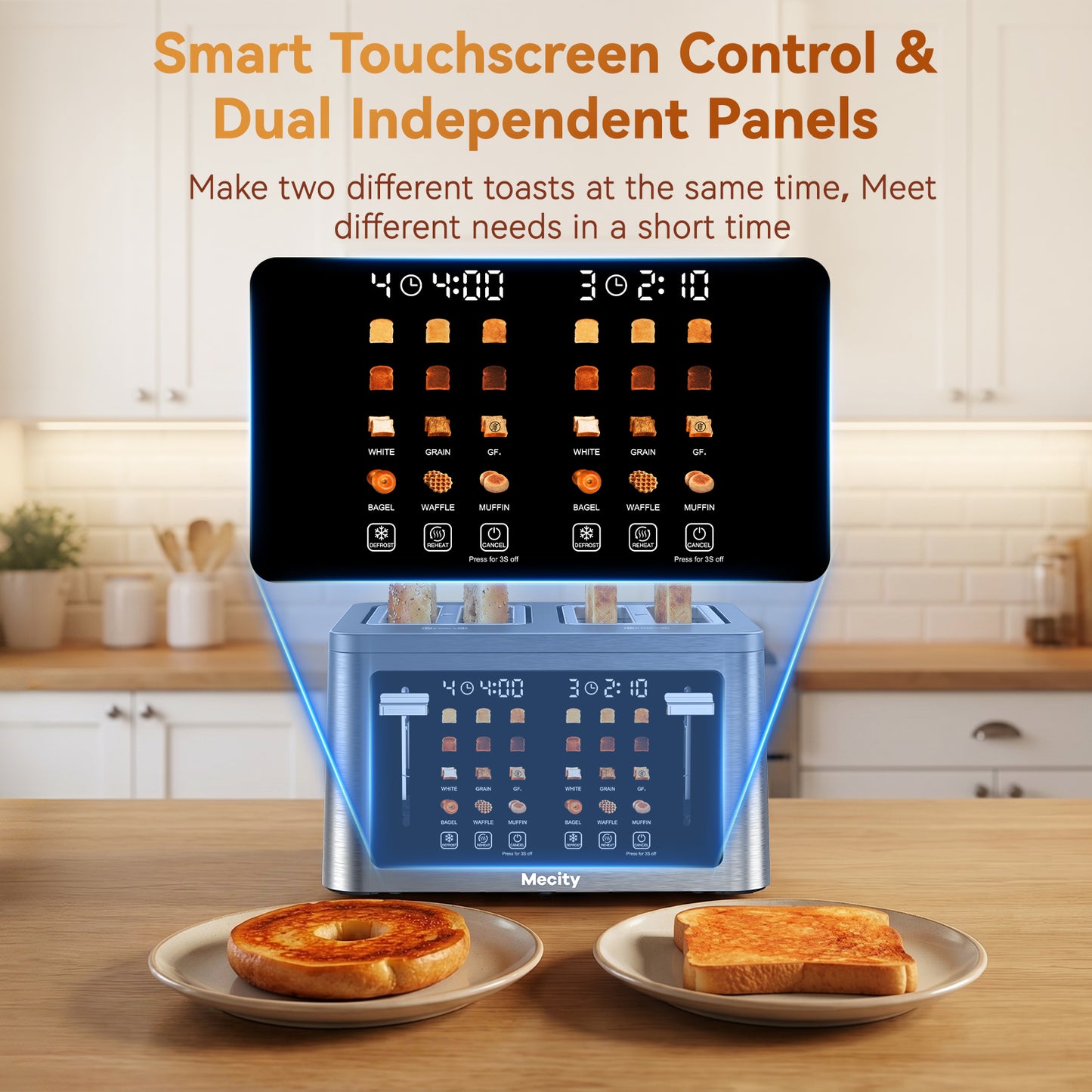 Mecity 4 Slice Touchscreen Toaster, Stainless Steel Wide Slot Toaster with Dual Independent Controls, 6 Bread Presets & 6 Sh