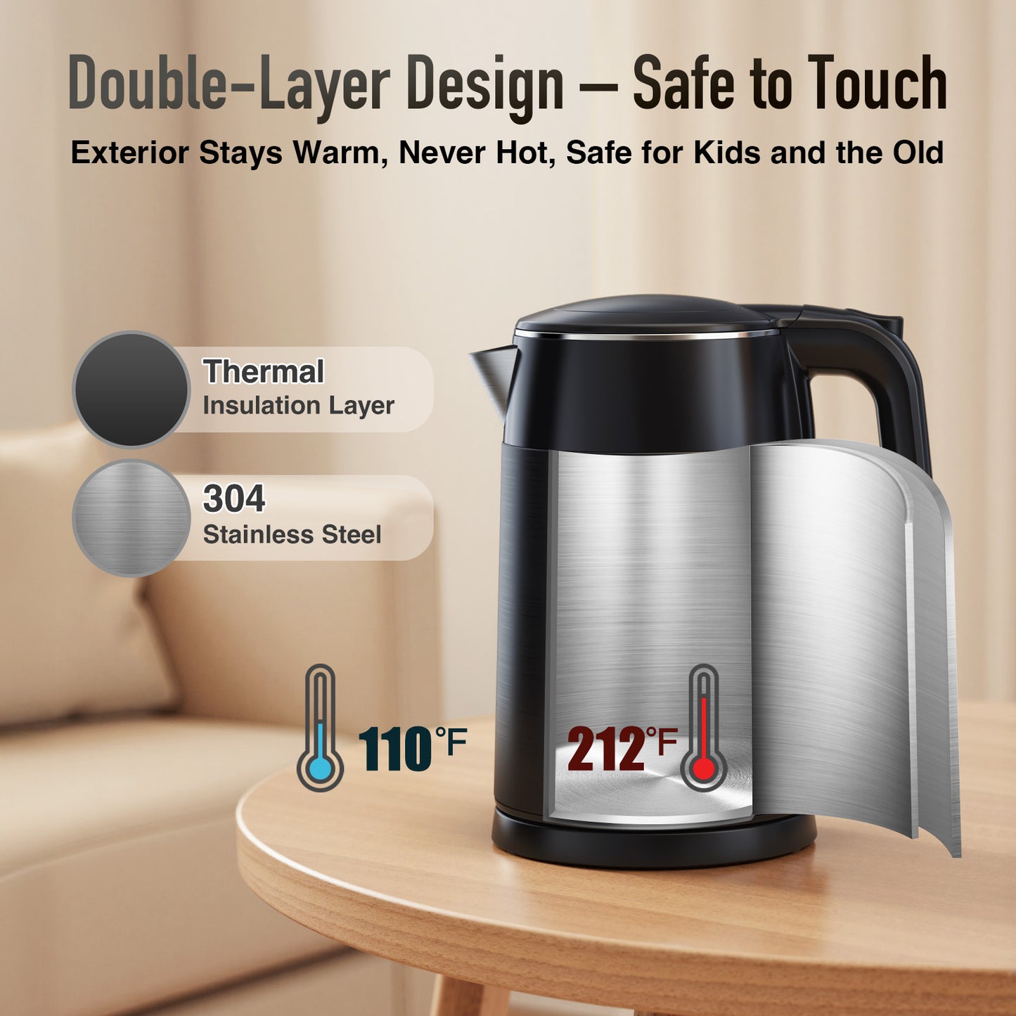 Mecity Electric Kettle 1.7L Touch Screen Temperature Control Water Boiler, No Plastic Contact with Water. 6 Preset Temperature Programs, 2 Hours Keep Warm, Black