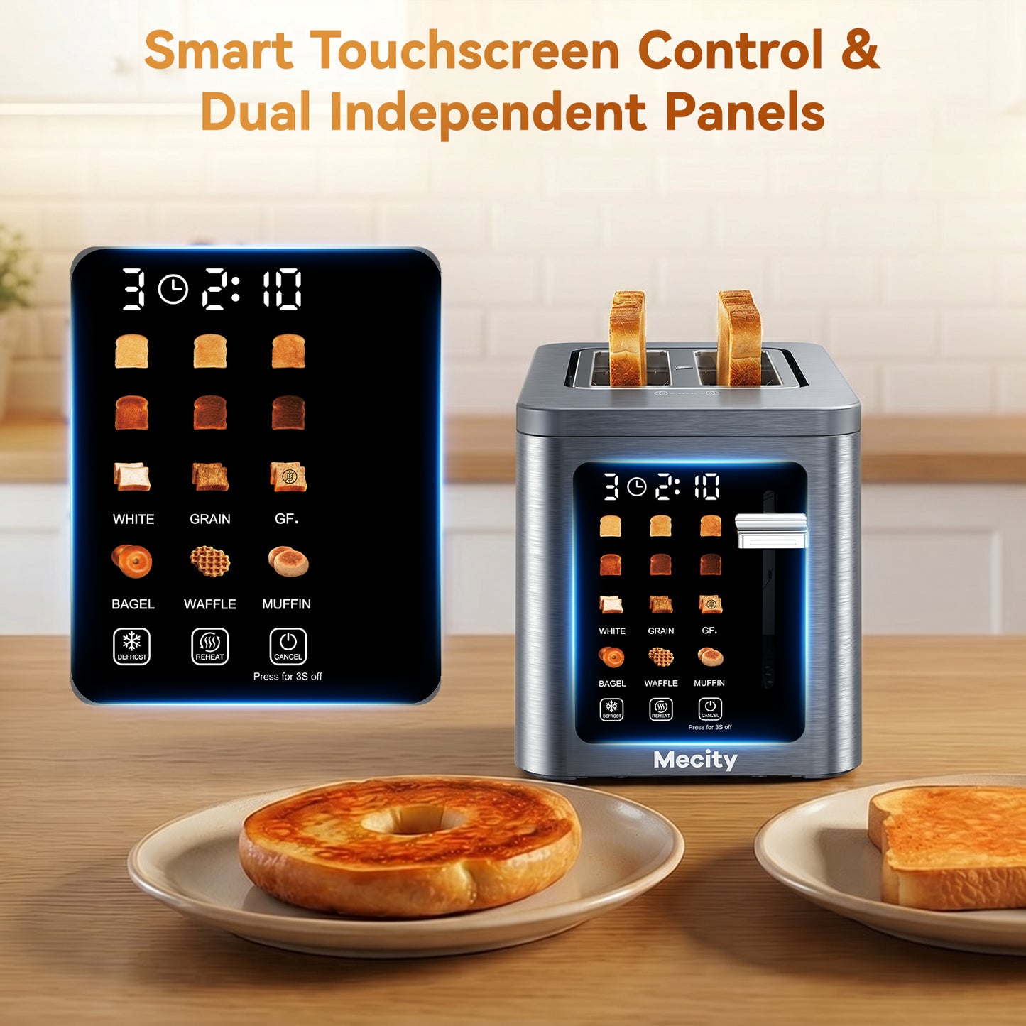 Mecity 2 Slice Smart Touchscreen Toaster, Stainless Steel Wide Slot Toaster with Auto Lift& Shut Off, Memory Function, Digital Bread Toaster for Bagels, 850W