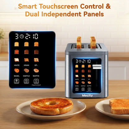 Mecity 2 Slice Smart Touchscreen Toaster, Stainless Steel Wide Slot Toaster with Auto Lift& Shut Off, Memory Function, Digital Bread Toaster for Bagels, 850W