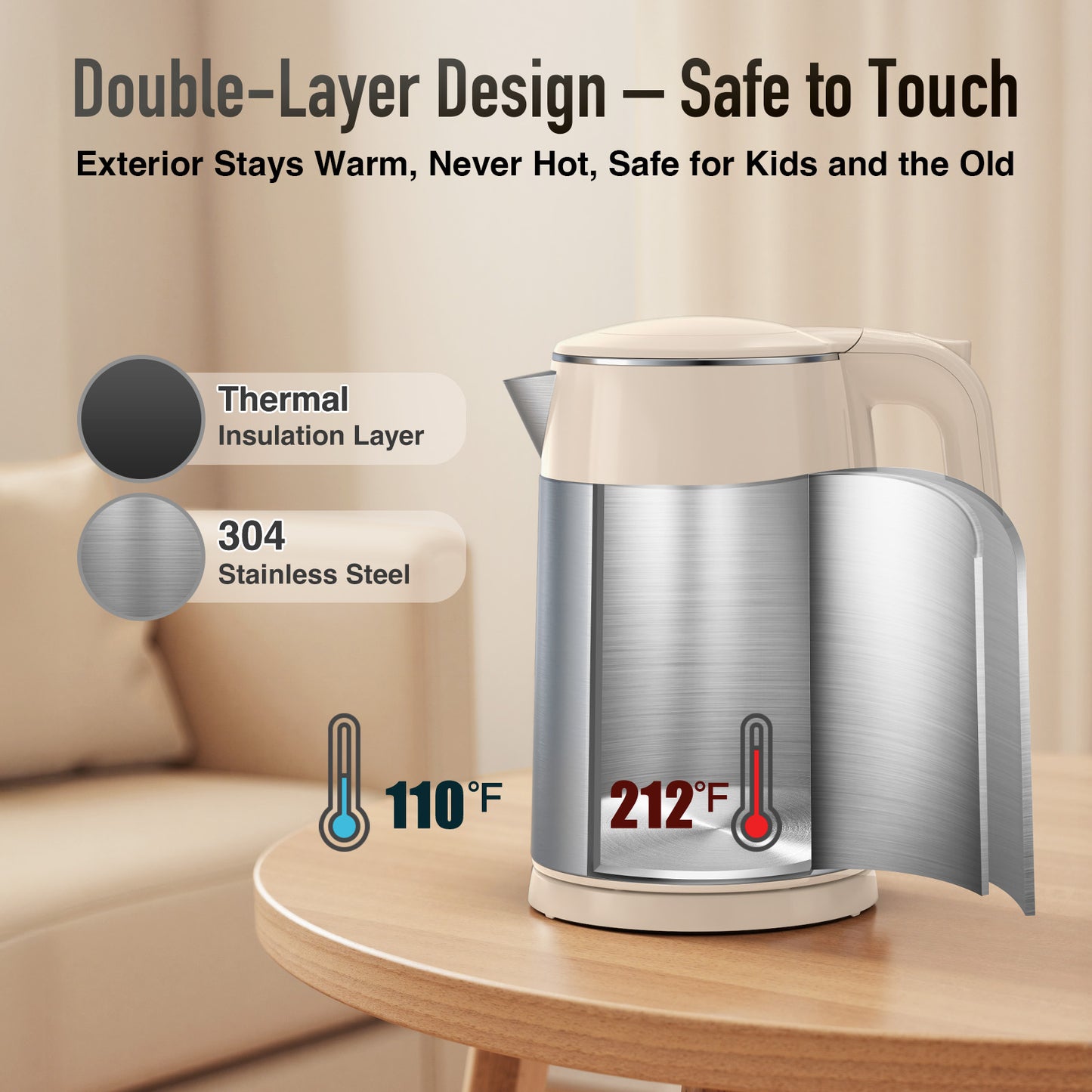 Mecity Electric Kettle 1.7L Touch Screen Temperature Control Water Boiler, No Plastic Contact with Water. 6 Presets For Tea and Coffee, 2 Hours Keep Warm, Auto Shut Off, Cream & Stainless Steel Color