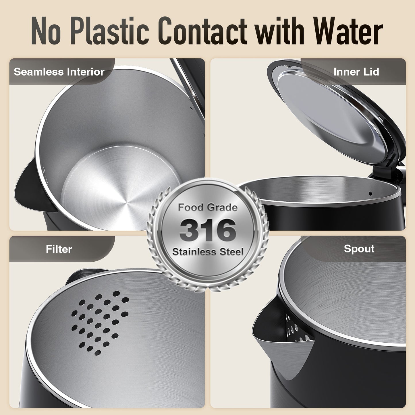 Mecity Electric Kettle 1.7L Touch Screen Temperature Control Water Boiler, No Plastic Contact with Water. 6 Preset Temperature Programs, 2 Hours Keep Warm, Auto Shut Off, Dark Grey