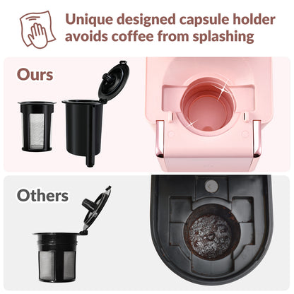 Mecity Coffee Maker Mini Single Serve Coffee Machine Compatible with K-Cup Capsule, Ground Coffee, Loose Tea, Compact Design For Home Use, RV, Apartment, Auto Shut Off 120V 1000W -Pink