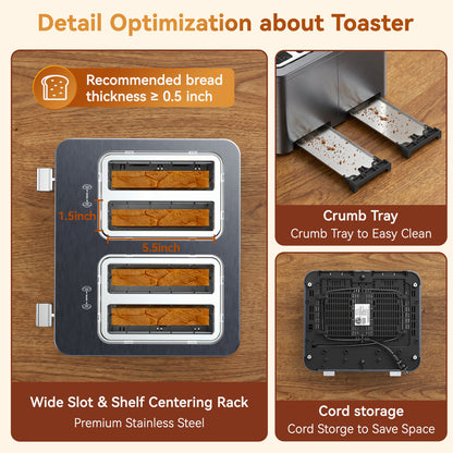 Mecity 4 Slice Touchscreen Toaster, Stainless Steel Wide Slot Toaster with Dual Independent Controls, 6 Bread Presets & 6 Sh