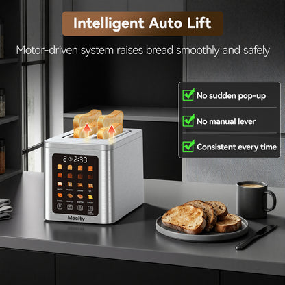 Mecity 2 Slice Smart Touchscreen Toaster, Stainless Steel Wide Slot Toaster with Auto Lift&30-Minute Warm, Memory Function, Digital Bread Toaster for Bagels, 850W