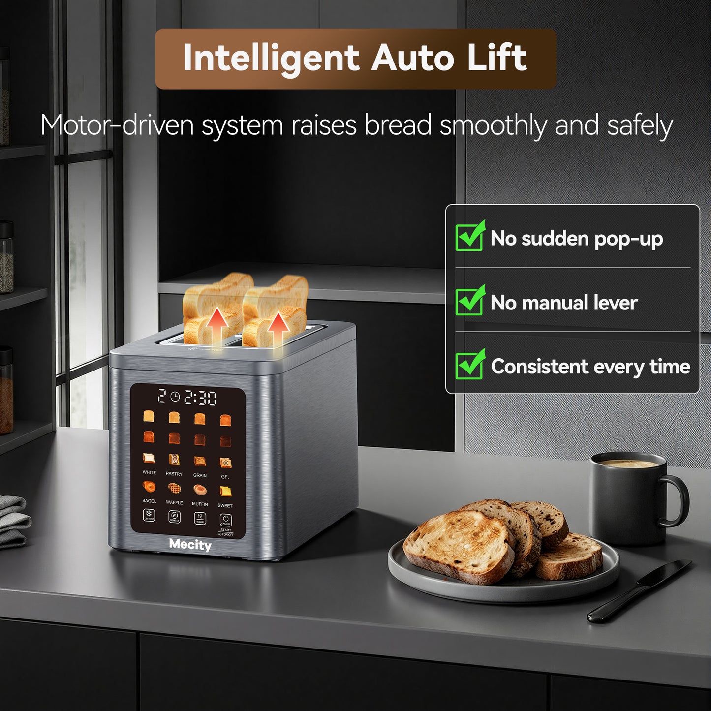 Mecity 2 Slice Smart Touchscreen Toaster, Stainless Steel Wide Slot Toaster with Auto Lift&30-Minute Warm, Memory Function, Digital Bread Toaster for Bagels, 850W