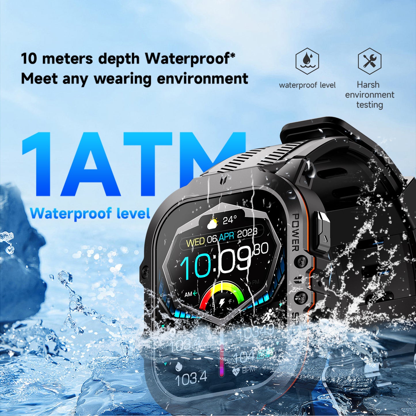 Vowtop Smart Watch for Men, 1.96" HD AMOLED, 10M Waterproof, Rugged Military (Answer/Calls/Dial) Fitness Tracker, Extra-Long Battery Life, AI Assistant/Sleep Monitor, Rectangular-Face, Black & Orange