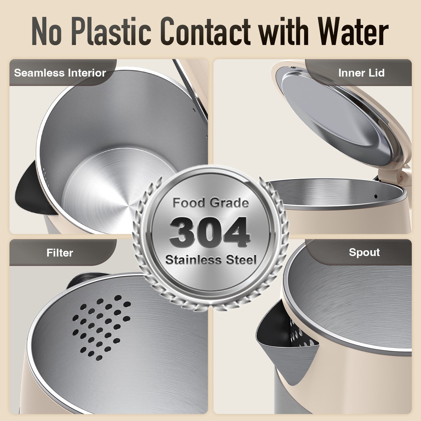 Mecity Electric Kettle 1.7L Touch Screen Temperature Control Water Boiler, No Plastic Contact with Water. 6 Presets For Tea and Coffee, 2 Hours Keep Warm, Auto Shut Off, Cream & Stainless Steel Color