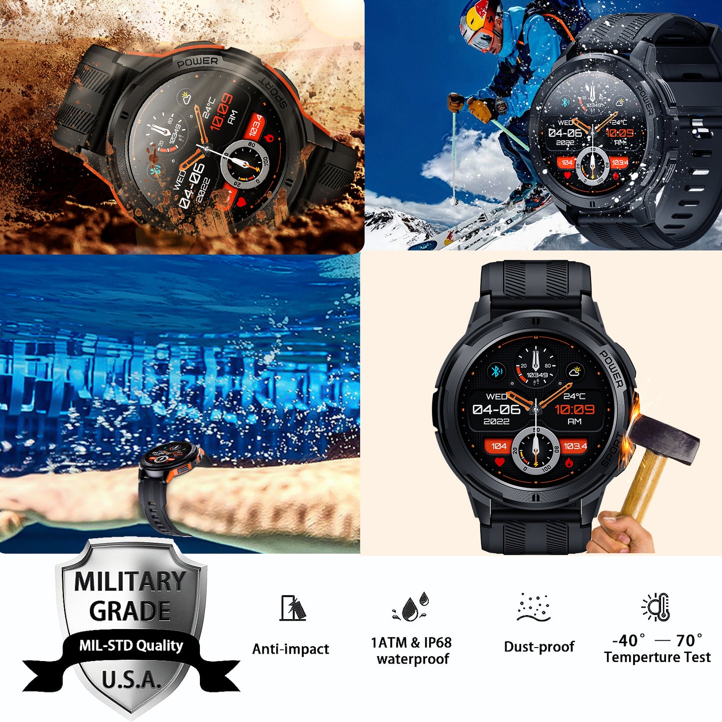 Vowtop Smart Watch for Men, 1.43" HD AMOLED, 10M Waterproof, Rugged Military (Answer/Calls/Dial) Fitness Tracker, Extra-Long Battery Life, AI Assistant, Round-Face, Black & Orange