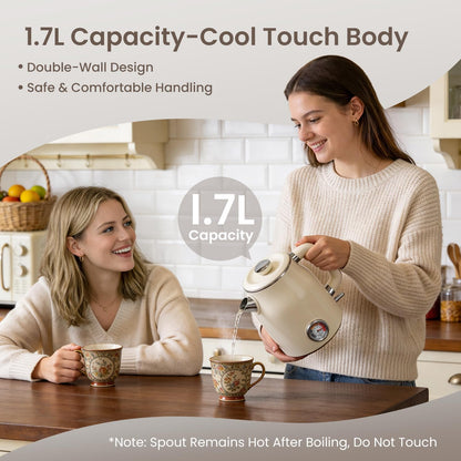 Mecity Retro Electric Kettle, 1.7L Hot Water Boiler with Thermometer, Stainless Steel Interior, 1500W Fast Boil Tea Kettle, Double Wall Cool Touch, Wide Mouth, Cream