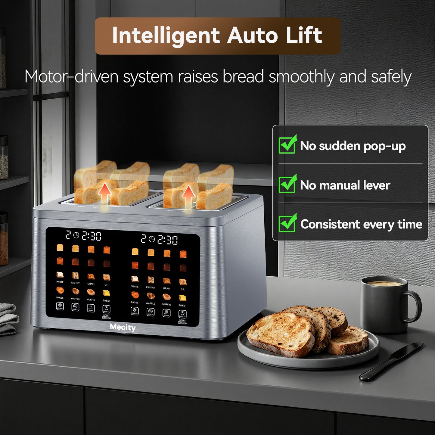 Mecity 4 Slice Smart Touchscreen Toaster with Auto Lift, Stainless Steel Wide Slot Bagel Toaster, 8 Bread Presets & 8 Shade Settings, 30-Minute Keep Warm Function, Memory Function