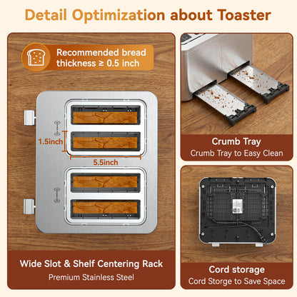 Mecity 4 Slice Touchscreen Toaster, Stainless Steel Wide Slot Toaster with Dual Independent Controls, 6 Bread Presets & 6 Shade Settings, Countdown Timer, Memory Function, Defrost, 1700W