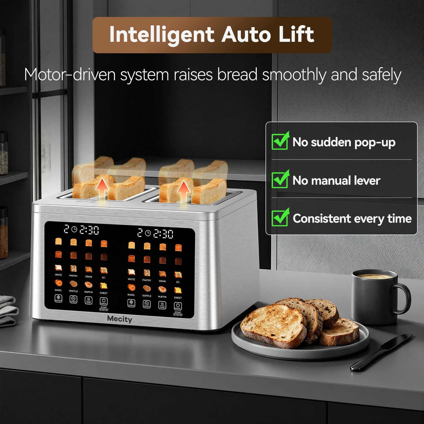 Mecity 4 Slice Smart Touchscreen Toaster with Auto Lift, Stainless Steel Wide Slot Bagel Toaster, 8 Bread Presets & 8 Shade Settings, 30-Minute Keep Warm Function, Memory Function