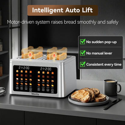 Mecity 4 Slice Smart Touchscreen Toaster with Auto Lift, Stainless Steel Wide Slot Bagel Toaster, 8 Bread Presets & 8 Shade Settings, 30-Minute Keep Warm Function, Memory Function