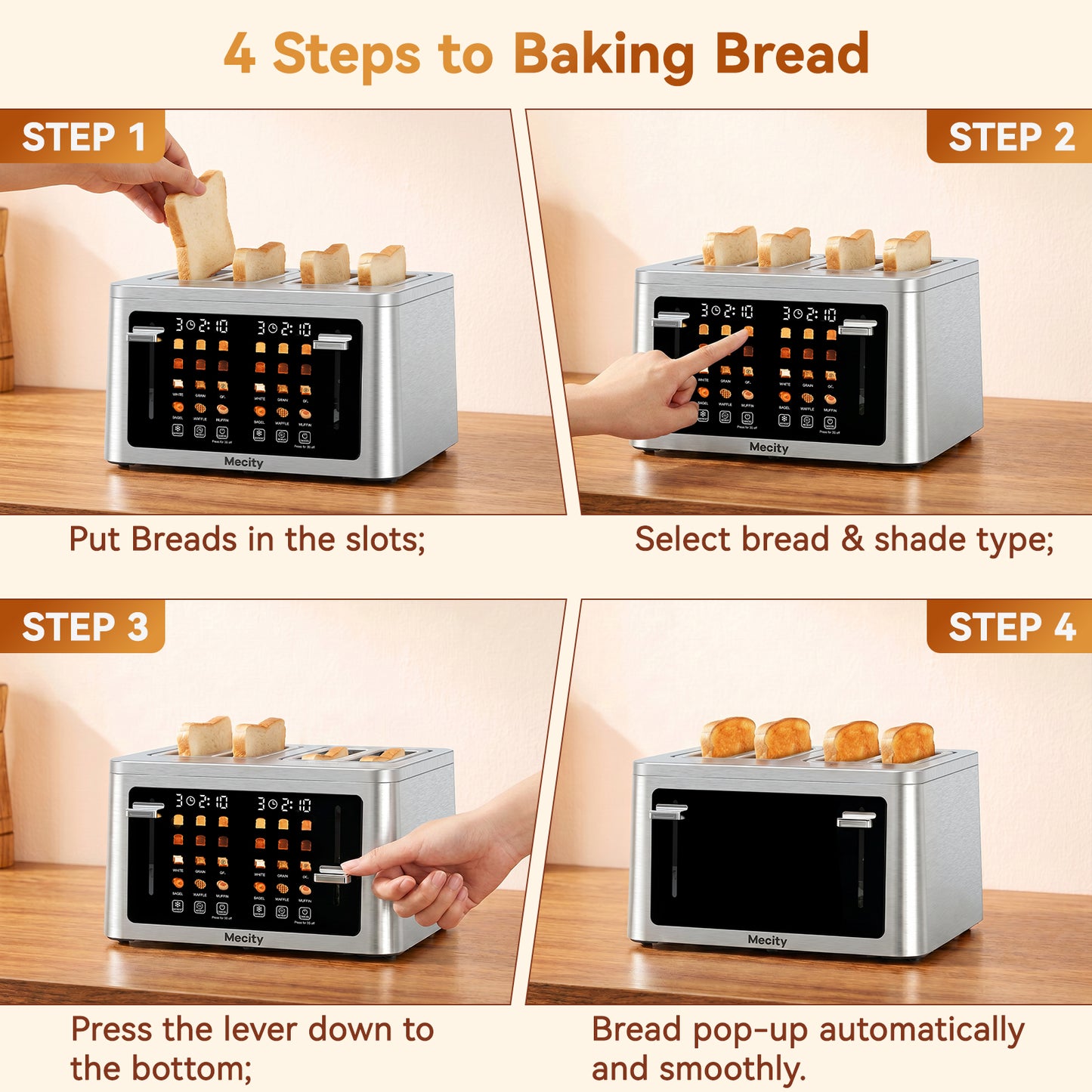 Mecity 4 Slice Touchscreen Toaster, Stainless Steel Wide Slot Toaster with Dual Independent Controls, 6 Bread Presets & 6 Shade Settings, Countdown Timer, Memory Function, Defrost, 1700W