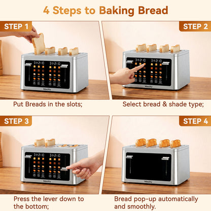 Mecity 4 Slice Touchscreen Toaster, Stainless Steel Wide Slot Toaster with Dual Independent Controls, 6 Bread Presets & 6 Shade Settings, Countdown Timer, Memory Function, Defrost, 1700W