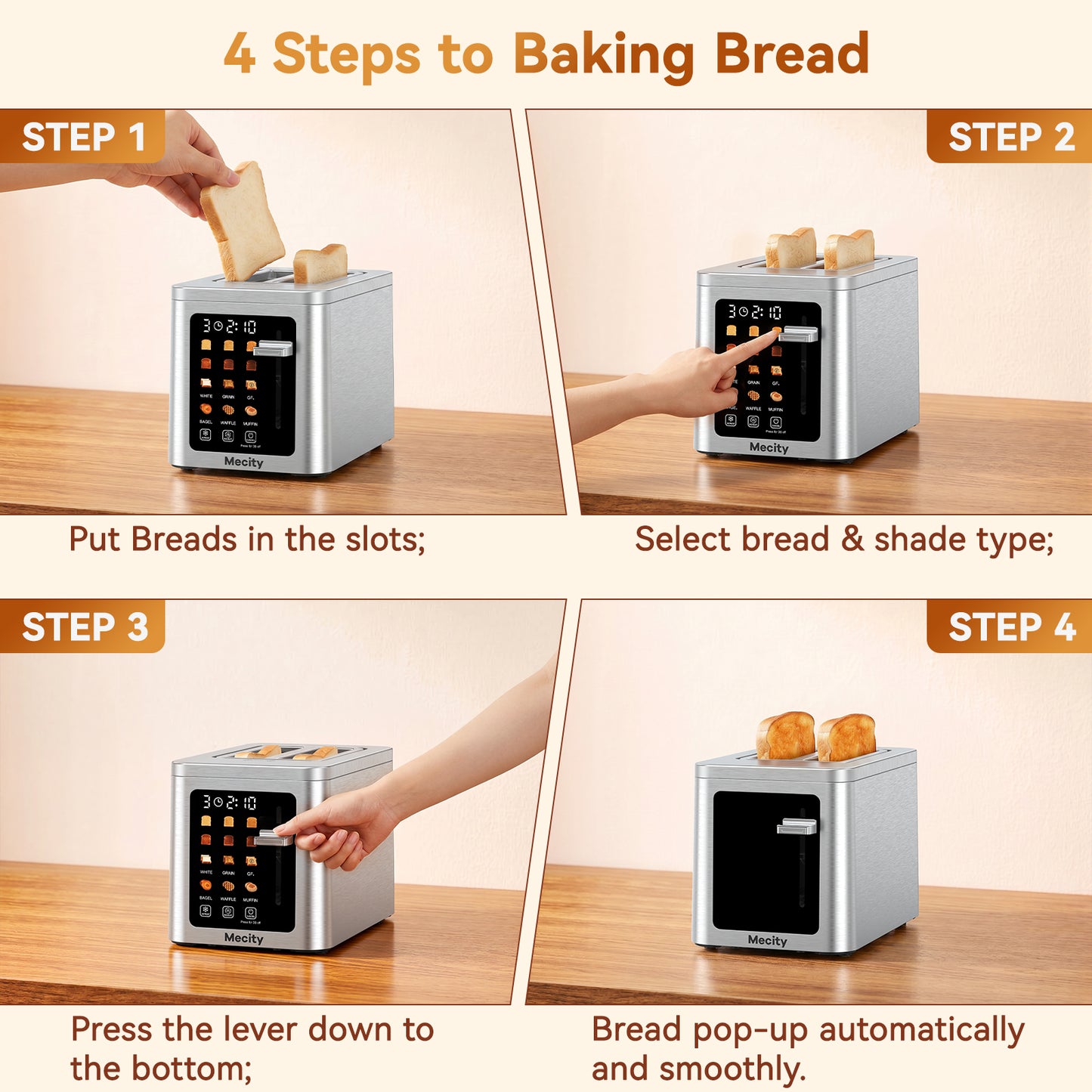 Mecity 2 Slice Smart Touchscreen Toaster, Stainless Steel Wide Slot Toaster with Auto Lift& Shut Off, Memory Function, Digital Bread Toaster for Bagels, 850W