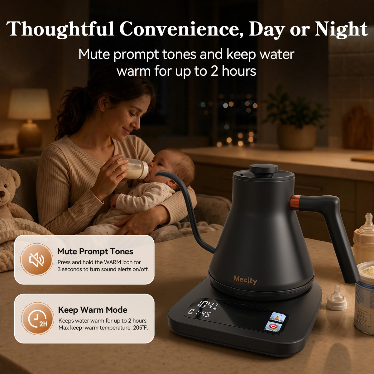 Mecity Gooseneck Electric Kettle, 0.8L Pour Over Coffee Kettle with Temperature Control, 6 Presets, 1500W Fast Boil, 2-Hour Keep Warm, Stainless Steel Interior, Tea Kettle Electric, Black