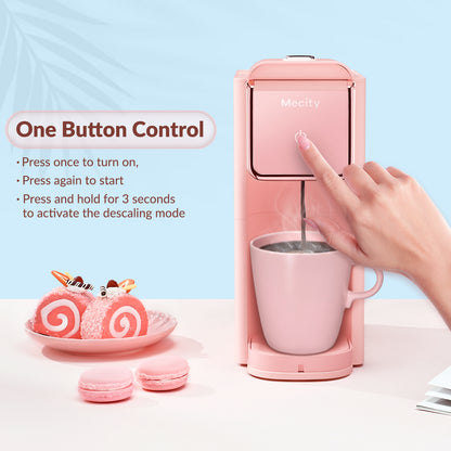 Mecity Coffee Maker Mini Single Serve Coffee Machine Compatible with K-Cup Capsule, Ground Coffee, Loose Tea, Compact Design For Home Use, RV, Apartment, Auto Shut Off 120V 1000W -Pink