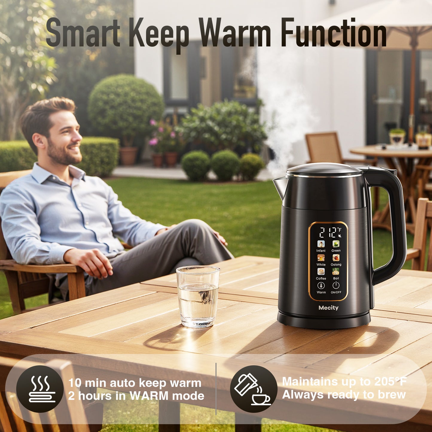 Mecity Electric Kettle 1.7L Touch Screen Temperature Control Water Boiler, No Plastic Contact with Water. 6 Preset Temperature Programs, 2 Hours Keep Warm, Black