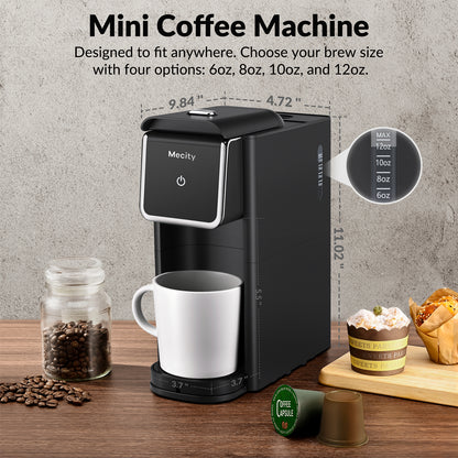 Mecity Mini Coffee Maker - Single Serve, Instant Brewing for K-Cup Coffee Capsules, Ground Coffee & Loose Tea. 6 to 12 Oz Brew Sizes, Capsule Coffee Machine with Water Window and Descaling Mode -Black