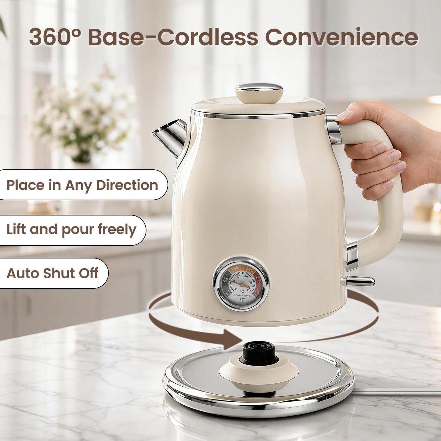 Mecity Retro Electric Kettle, 1.7L Hot Water Boiler with Thermometer, Stainless Steel Interior, 1500W Fast Boil Tea Kettle, Double Wall Cool Touch, Wide Mouth, Cream