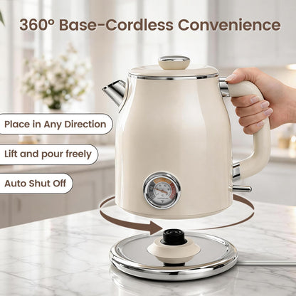 Mecity Retro Electric Kettle, 1.7L Hot Water Boiler with Thermometer, Stainless Steel Interior, 1500W Fast Boil Tea Kettle, Double Wall Cool Touch, Wide Mouth, Cream