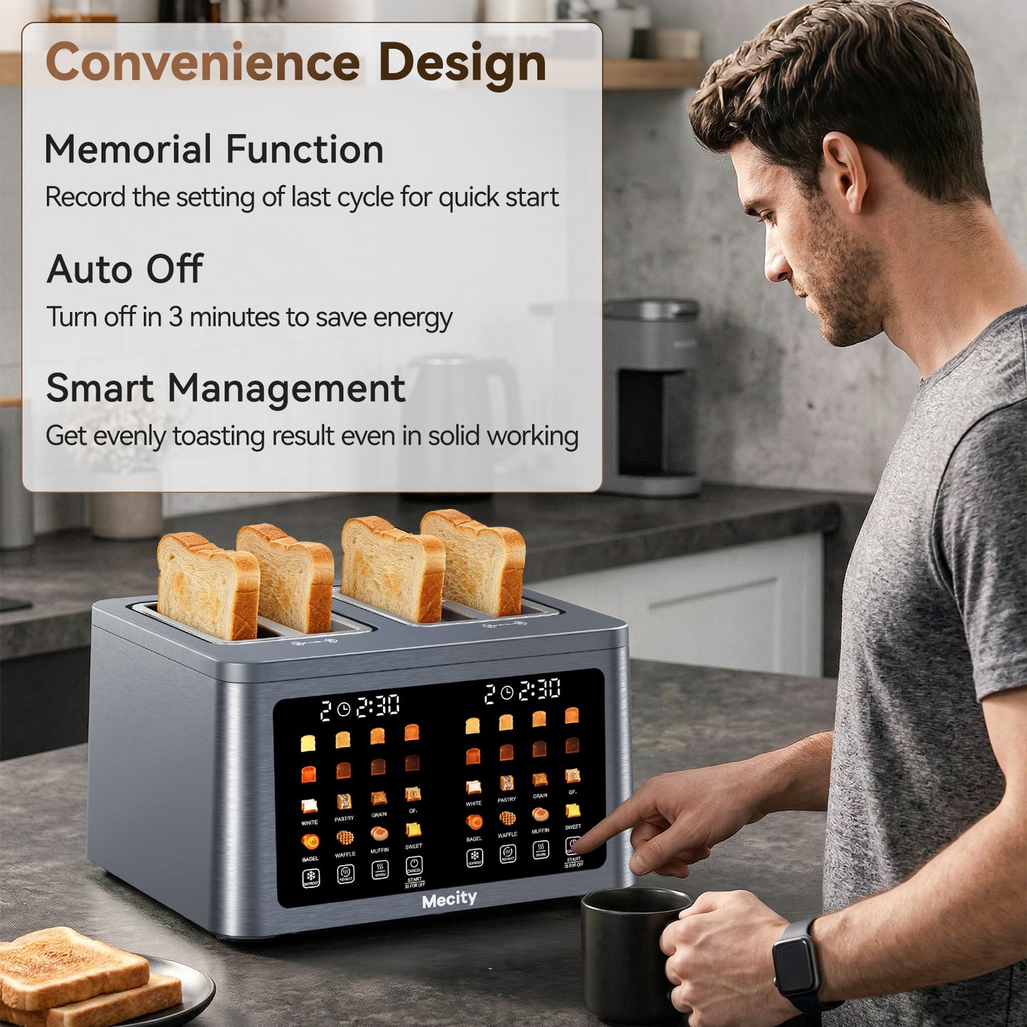Mecity 4 Slice Smart Touchscreen Toaster with Auto Lift, Stainless Steel Wide Slot Bagel Toaster, 8 Bread Presets & 8 Shade Settings, 30-Minute Keep Warm Function, Memory Function