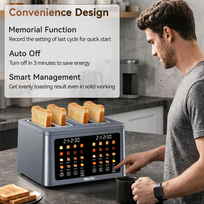 Mecity 4 Slice Smart Touchscreen Toaster with Auto Lift, Stainless Steel Wide Slot Bagel Toaster, 8 Bread Presets & 8 Shade Settings, 30-Minute Keep Warm Function, Memory Function