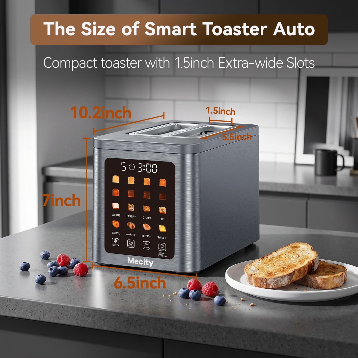 Mecity 2 Slice Smart Touchscreen Toaster, Stainless Steel Wide Slot Toaster with Auto Lift&30-Minute Warm, Memory Function, Digital Bread Toaster for Bagels, 850W